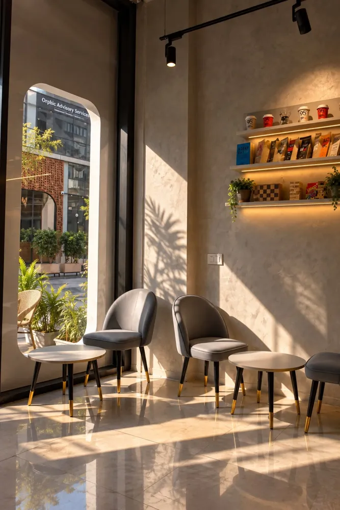 Grey velvet chairs by the arched window, afternoon light